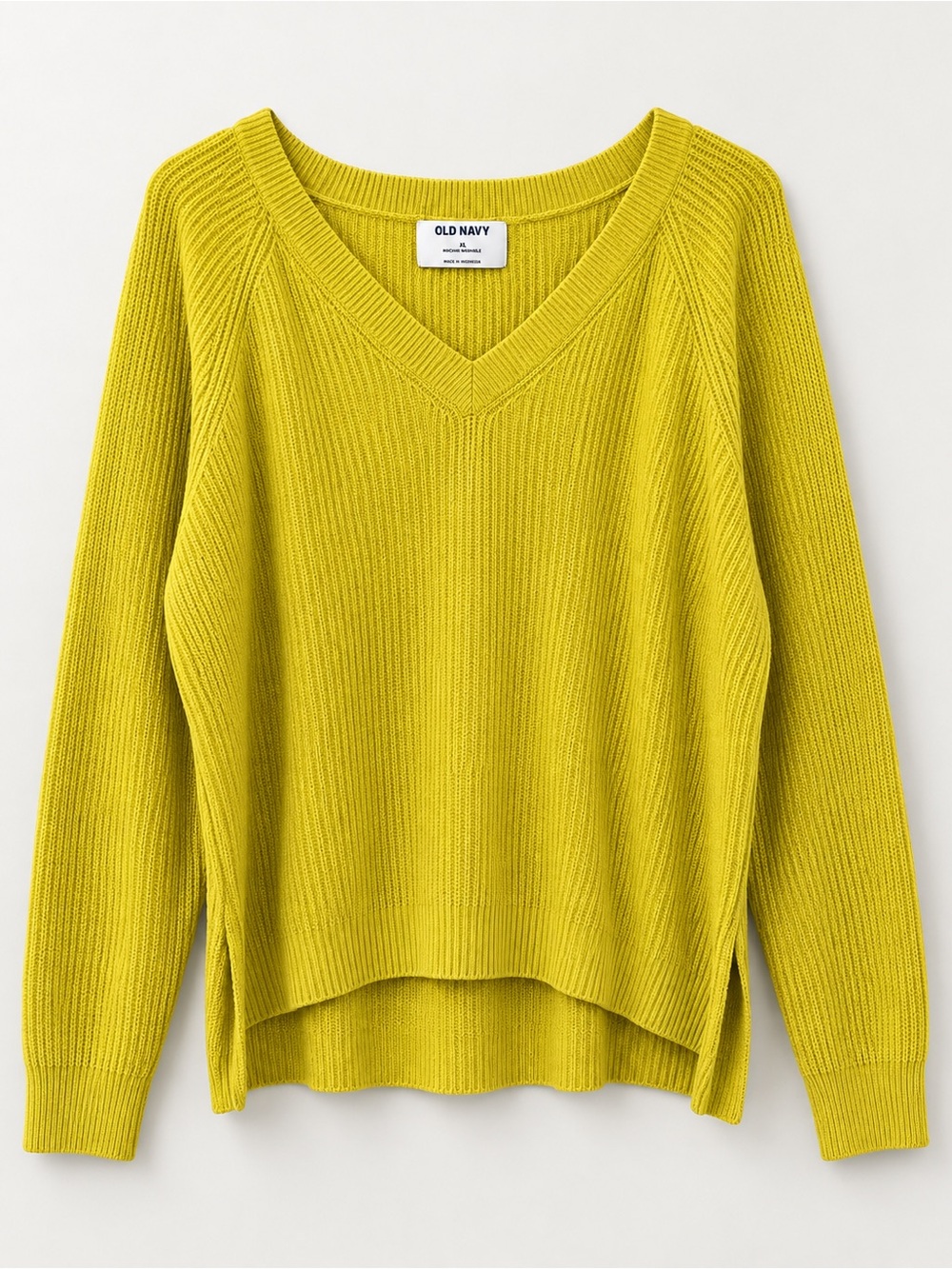 Old Navy Chartreuse Yellow V-Neck Ribbed Sweater Size XL Oversized Preppy Colleg